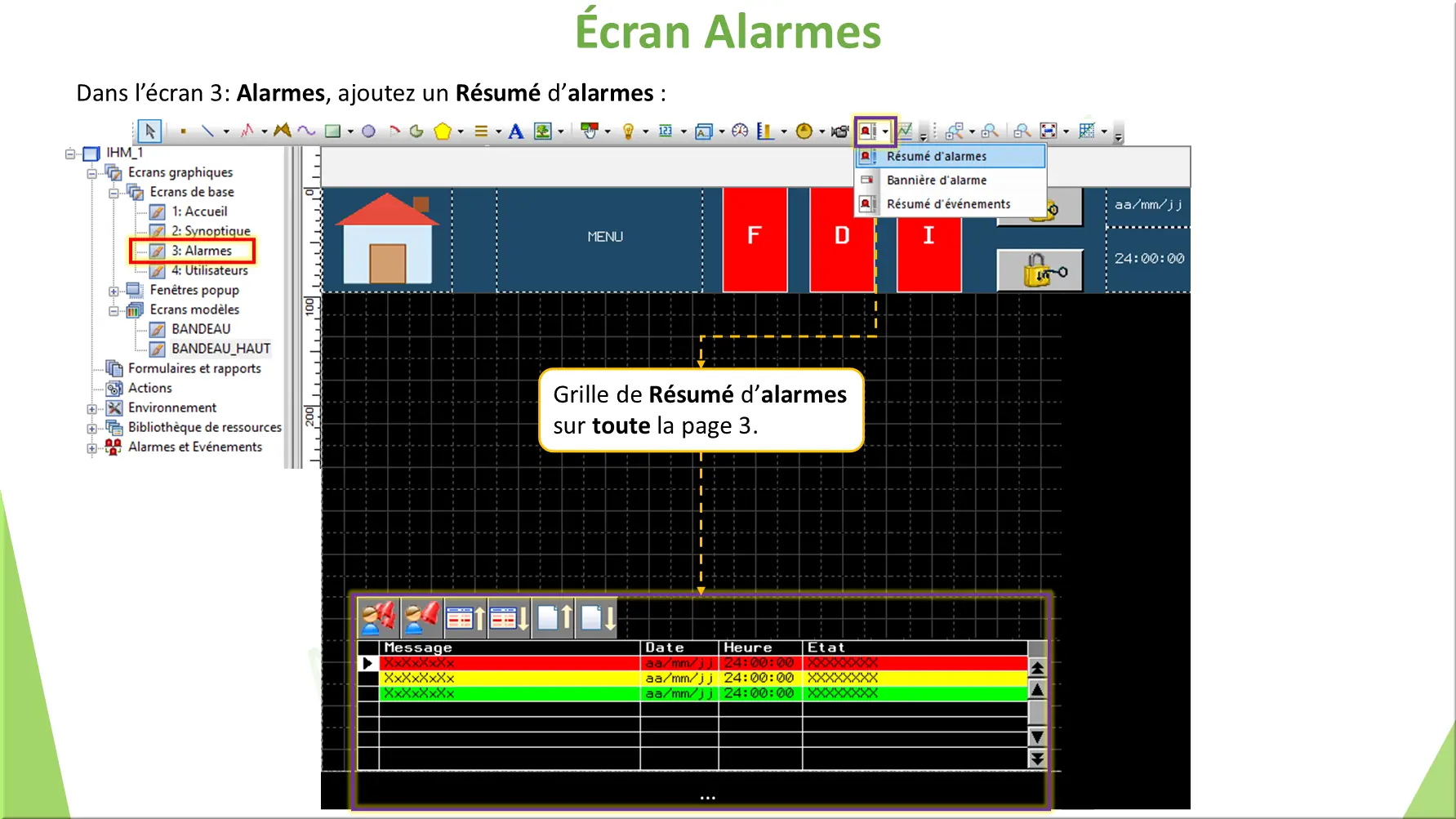 Écran Alarmes